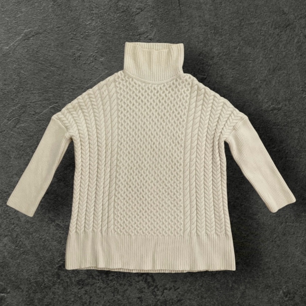 AYR La Square Extra Fine Merino Cable Knit Turtleneck Sweater XS Ivory